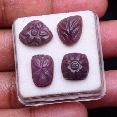 4 Pcs Natural Ruby Red Unheated 11mm-14mm Rare Hand Carved Loose Gemstones Lot - Image 1 of 4