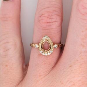 Ring Semi Mount w Natural Diamonds in Solid 14K Gold Pear cut 8x6 | Double