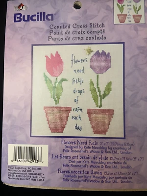 Kit de punto de cruz contado a cuadros BUCILLA "LAS FLORES NECESITAN LLUVIA" #42913 5" X 7" EE. UU. Foto 1 de 2