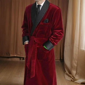 Men's Long Burgundy Smoking Jacket Quilted Velvet Gown Evening Dinner Jacket - Picture 1 of 4
