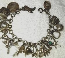 vintage 1940'S MEXICAN SILVER CHARM BRACELET, 18 CHARMS, 7'' LONG, COWBOY STYLE