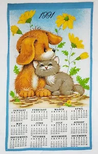 Asciugamano calendario 1991 simpatico cucciolo e gattino 14"x241/2" ottime condizioni cotone - Foto 1 di 1