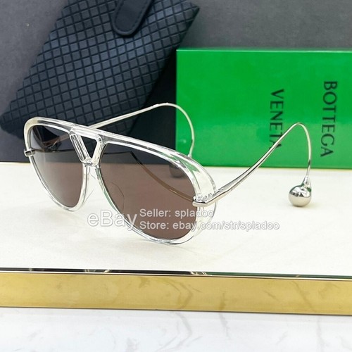Occhiali da sole aviatore unisex Bottega Veneta montatura argento lenti tè BV1273 nuovi