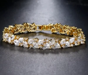 Bracciale Tennis Donna Diamante Taglio Pera 4K Oro Giallo Placcato Laboratorio Creato Diamante - Foto 1 di 6
