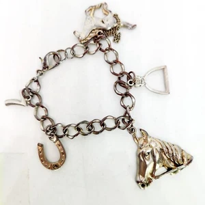 Vtg Silver Tone Equestrian Horse Horseshoe Charm Chain Link Lucky Bracelet 7" - Picture 1 of 5