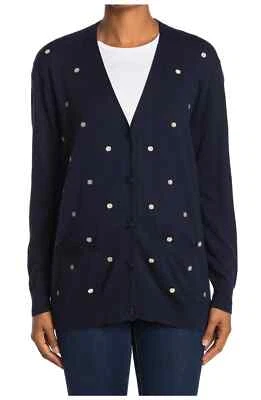 J. Crew Small Cardigan Polka Dot Navy Blue Cotton Rack Boyfriend Knit V-Neck - Image 1 of 4