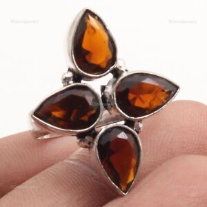 Wedding Gift For Her Silver Plated Citrine Quartz Jewelry Cluster Ring Size 6.5
