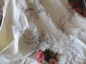 ANTIQUE YELLOW STRAW COTTON TABLECLOTH GREY EMBROIDERY 240 X 160 CM - Picture 1 of 11