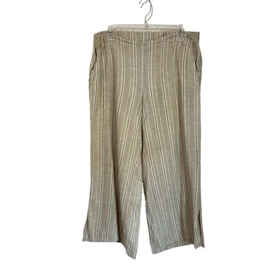 Брюки укороченные J. Jill желтовато-коричневые в полоску из льняной смеси с разделенным подолом широкие штанины размер M - Изображение 1 из 4