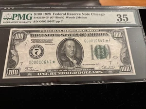 1928 $100 Star ⭐️ FRN Chicago (G*Block) STAR Fr. 2150-G* PMG 35 Woods/Mellon 7 - Picture 1 of 16