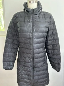 Quitte lange schwarze gesteppte Daunen packbare gefütterte Jacke mit Kapuze Gr. L - Bild 1 von 7