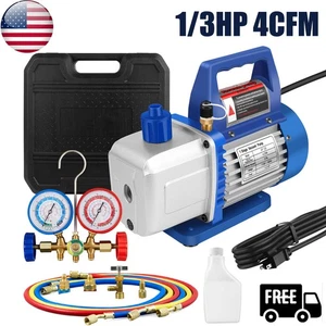 4 CFM 1/3HP Air Vacuum Pump HVAC Manifold Gauge Set AC A/C Refrigeration Kit US - Picture 1 of 17