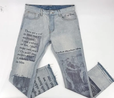 Pantalones de mezclilla MNML para hombre 36 lavado claro King Lear gráfico Shakespeare dobladillo crudo botón mosca Foto 1 de 4