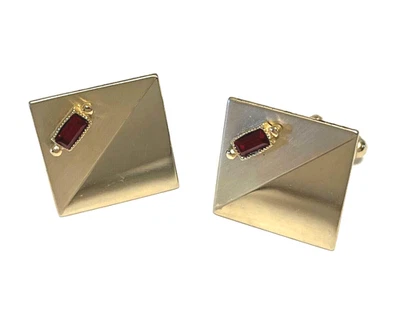 Vintage Retro MCM Gold-tone Square Cufflinks w/ Red Stone - Image 1 of 4