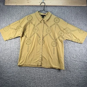 Topshop blouse Size 8 Yellow Short Sleeve Embroidered Top Button Down Cotton - Picture 1 of 10