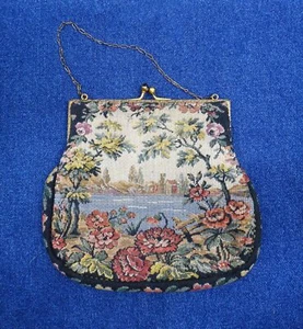 vintage PETIT POINT floral EMBROIDERED TAPESTRY purse HANDBAG chain handle - Picture 1 of 9