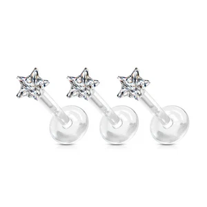 3 Pc Prong Set Star CZ Bio Flex Push In Ear Cartilage Helix Labret Tragus 16G - Picture 1 of 3
