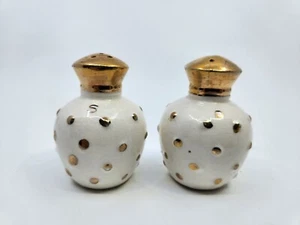 Salero y pimentero Hobnail brillo dorado porcelana blanca vintage usado - Imagen 1 de 9