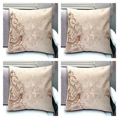 SET OF 4 CUSHION COVERS Brown Beige Floral Rose Embroidered Jacquard 18x18" - Image 1 of 4