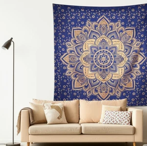 Arazzo India blu oro ombreggiato mandala decorazione da parete biancheria da letto matrimoniale hippie - Foto 1 di 2