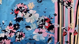 2 YD Floral Crepe Apparel Fabric Flowers Border Stripe Posey Bouquet Blue - Picture 1 of 4