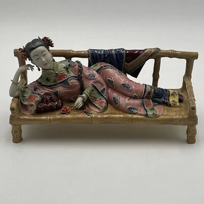 8" China Wucai Porcelana Shiwan Bella Durmiente Mujeres Dama Noble Escultura Foto 1 de 4