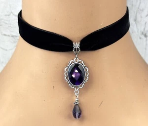 Black Velvet Choker Necklace Purple Jewel Gem pendant goth vintage style Gift - Picture 1 of 3