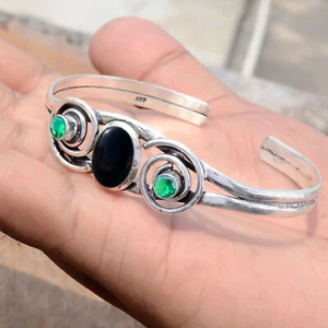 Big Black Onyx & Chrome Diopside Gemstone 925 Sterling Silver Bangle For Party - Picture 1 of 5