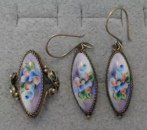 Vintage Russian Rostov Finift Silver & Enamel Ring Dangle Earrings Set Hand Made - Picture 1 of 13