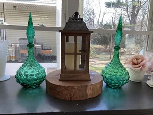2 Beautiful Vintage Empoli MCM Green Genie Bottle Hobnail Decanter Made in Italy - Picture 1 of 10
