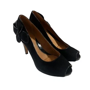 Clarks Black Suede Leather Slip On Mid Heeled Court Shoes Peep Toe UK 5.5 Party - Picture 1 of 11