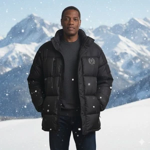 Chaqueta acolchada negra Phat Farm Y2K para hombre talla logotipo abrigo de invierno vintage sin capucha L - Imagen 1 de 10