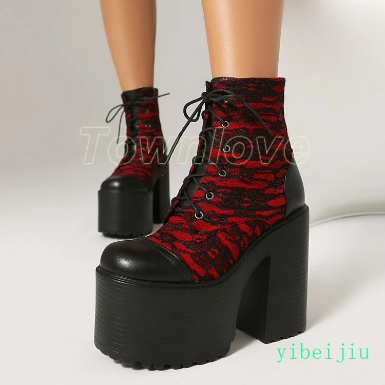 Mujeres Botas al Tobillo Súper Alto Tacón Bloque Plataforma Suela Gruesa Con Cordones Zapatos de Caballero Foto 1 de 4