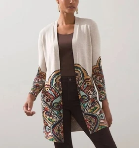 Chicos Sweater Women 3/XL Paisley Print Open Front Cardigan Longline Duster New - Picture 1 of 9
