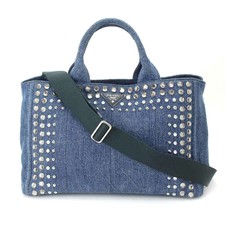 PRADA Canapa 2WAY Tote Shoulder Bag Denim Canvas Blue Purse 90083450