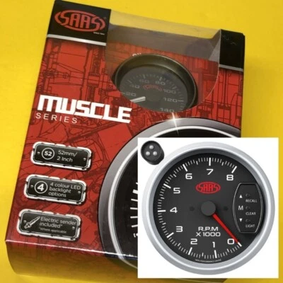 SAAS Muscle 2 SGTAC334BS2 Tachometer 0-8000 RPM 95mm 3-3/4" Black Shiftlight SGT - Image 1 of 3
