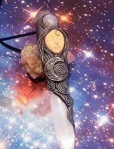 Moon Goddess Magic Selenite Crystal Wand necklace with Moonstone Pagan Jewelry