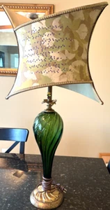 Table Lamp Kinzig Design Green Colored Glass Blown base Envelope Shaped Shade - Picture 1 of 12