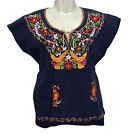 Boho Peasant Blouse Womens Large Blue Embroidered Birds Hippie 70s Festival Top