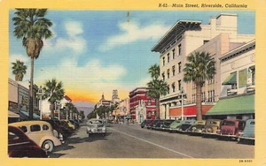 VINTAGE RIVERSIDE CA LINEN POSTCARD AUTOS ON MAIN STREET 1943 120222 R - Picture 1 of 2
