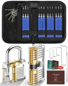 Set Fabbro Grimaldelli da 25 Pezzi Lock Picking con 2 Trasparente Serratura - Foto 1 di 12
