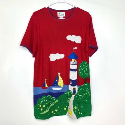 Quacker Factory Women’s Small Short Sleeve Sweater Red Lighthouse Pre-Owned - Image 1 of 4