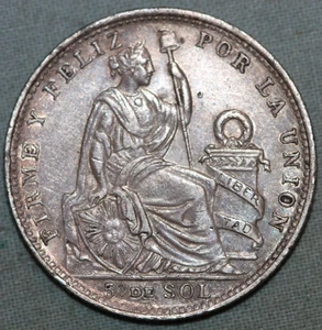 PERU 1912 ~ .900 Silver 1/5 Sol Coin ~ AU/XF~ Free shipping - Bild 1 von 2
