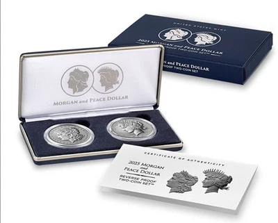2024-S Morgan & Peace Dollar Reverse Proof Two-Coin Set 25xs  Box & COA Presale% - Image 1 of 2