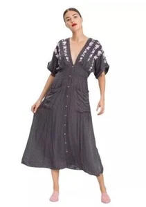 FREE PEOPLE Love to Love You Gauzy Woven Midi Dress Gray Purple Embroidered Sz S - Picture 1 of 10
