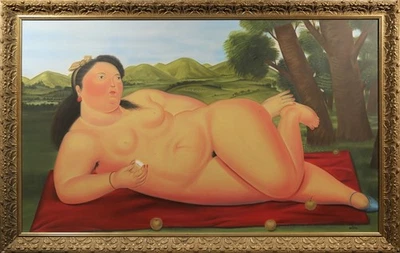Pintura al óleo mujer desnuda reclinada "Colombiana" a la manera de Fernando Botero Foto 1 de 4
