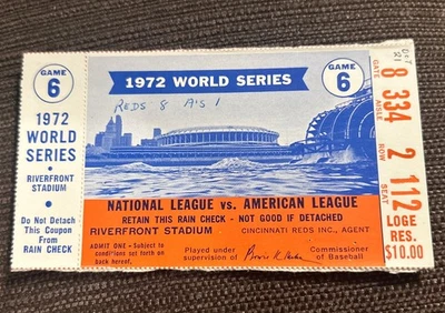 1972 World Series Game 6 Ticket Rose Bench Oakland Athletics Cincinnati Reds - Image 1 of 2
