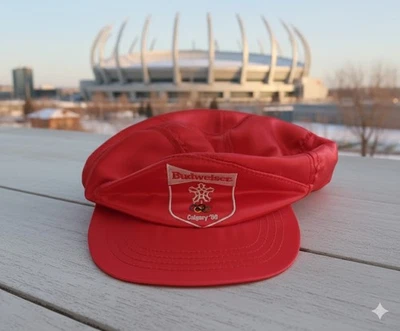Vtg Budweiser Calgary '88 Olympics Red Nylon Snapback Hat Cap 1988 Winter Games - Image 1 of 4