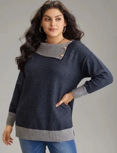 Nuevo con etiquetas Suéter Pullover Bloomchic Cuello Botón EE. UU. Talla 22-24 3X Talla Grande Gris Marino - Imagen 1 de 6
