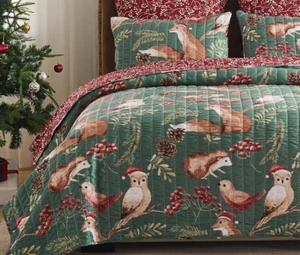 WILLOW CHRISTMAS 3p Queen QUILT SET : GREEN WOODLAND ANIMAL PINE SANTA HOLIDAY - Picture 1 of 6